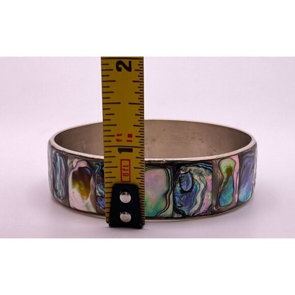 Vintage Mexico Abalone Shell Bangle Bracelet Silver Tone Iridescent Inlay - Picture 6 of 8